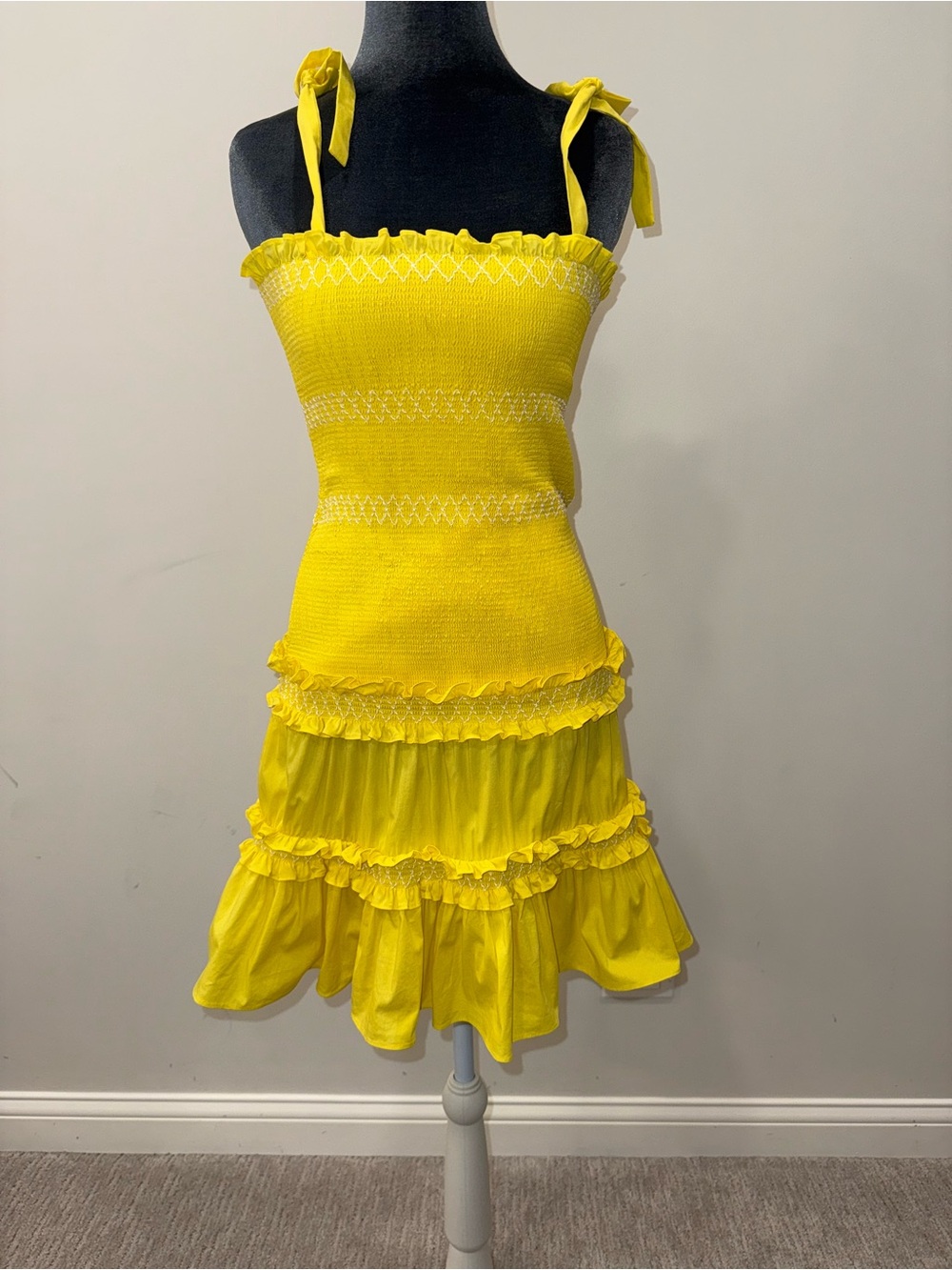 Likely Bright Yellow Smocked Ruffle Mini Dress